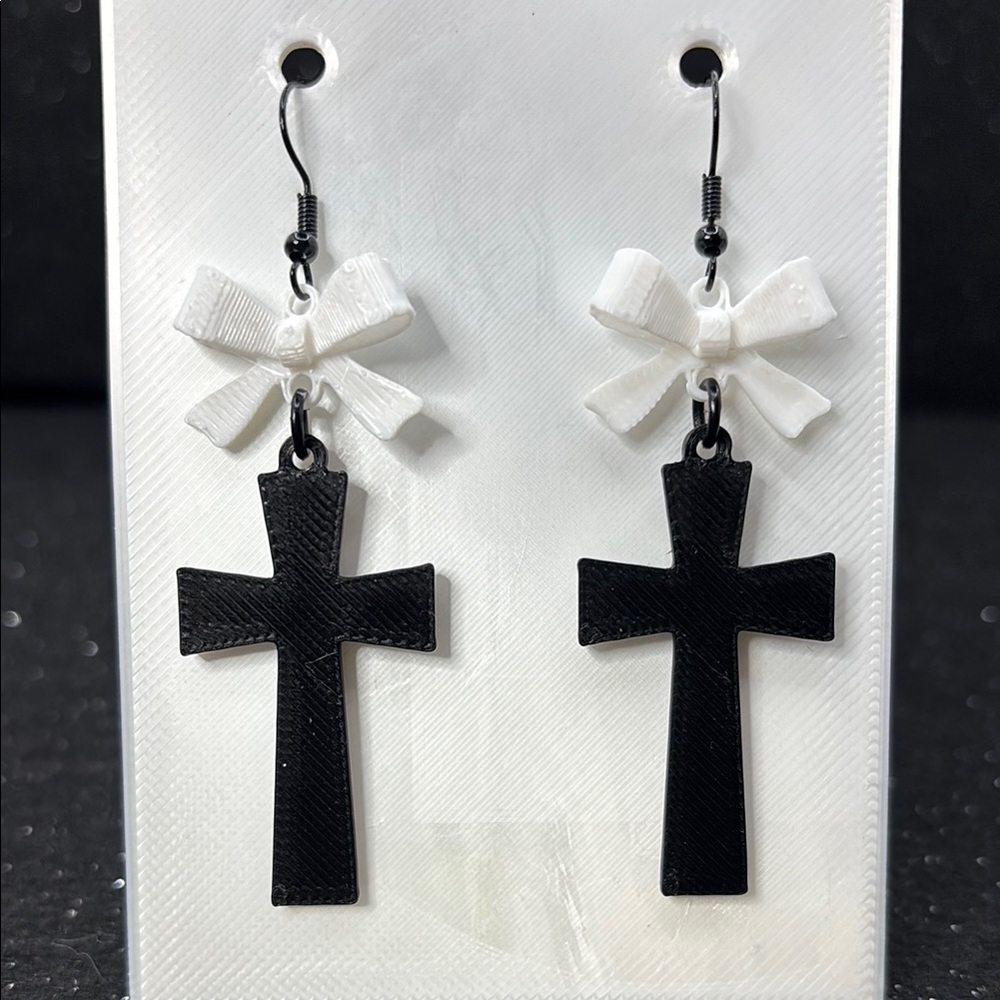 Black Cross Earrings with White Bows - Picture 1 of 4
